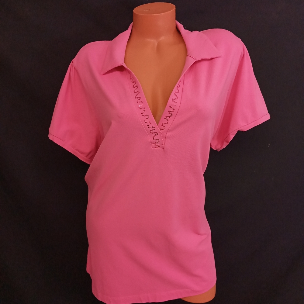 22/24W PINK L.a. blues perfect fit stretch FLAT sequins v neck detail collar top